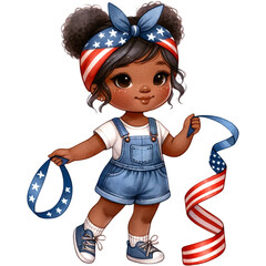 Wall Mural - Patriotic Girl Clipart,American Pride,4th of July PNG ,Veteran Day,Memorial Day PNG,Cute Black Girl,Afro Girl