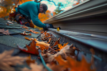 Poster - High-Quality Gutter Cleaning: Man Removing Leaves from a Roof Gutter. Concept Cleaning Gutters, Roof Maintenance, Home Improvement, Fall Cleanup, Leaf Removal