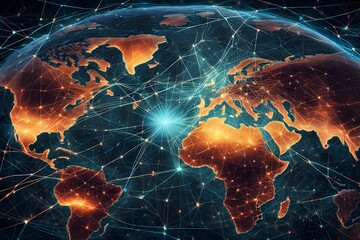 Poster - Global network connectivity depicted as a stylized data map. Technology data background