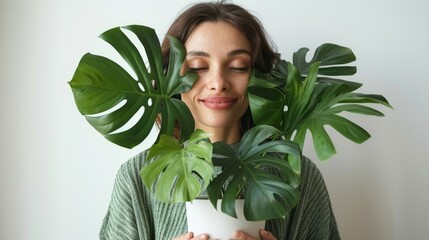 Wall Mural - Instagram-style photo of a woman holding a big monstera plant pot, face obscured, white background, front view