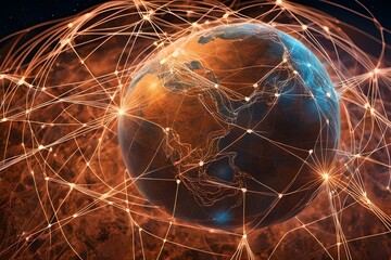 Poster - Global network connectivity depicted as a stylized data map. Technology data background