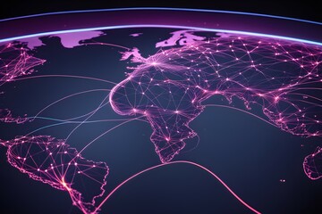 Poster - Global network connectivity depicted as a stylized data map. Technology data background