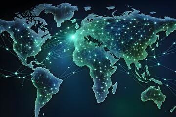 Poster - Global network connectivity depicted as a stylized data map. Technology data background