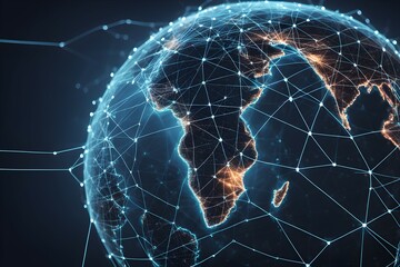 Poster - Global network connectivity depicted as a stylized data map. Technology data background
