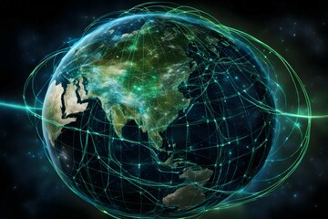 Poster - Global network connectivity depicted as a stylized data map. Technology data background