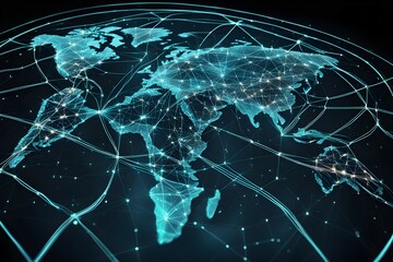 Poster - Global network connectivity depicted as a stylized data map. Technology data background