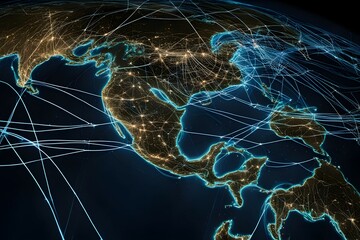 Poster - Global network connectivity depicted as a stylized data map. Technology data background