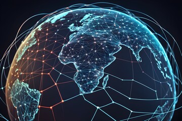 Poster - Global network connectivity depicted as a stylized data map. Technology data background