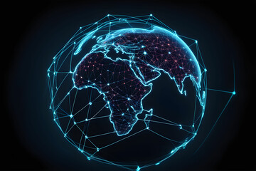 Poster - Global network connectivity depicted as a stylized data map. Technology data background