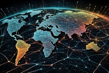 Poster - Global network connectivity depicted as a stylized data map. Technology data background