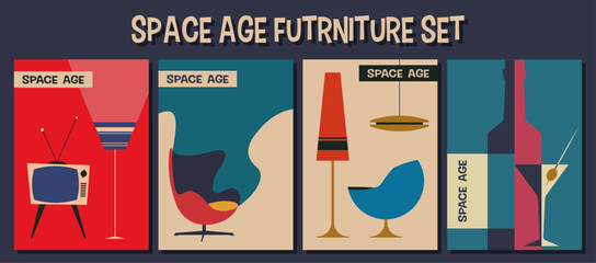 Wall Mural - space age style furniture, armchair, tv, floor lamp, ceiling lamp, bottle and glass. mid century mod