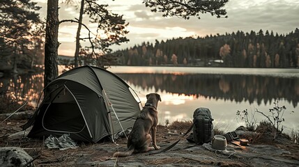dog and human camping by the lake, tent setup, forested area, calm evening, side view, outdoor explo