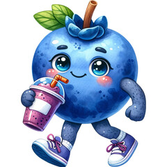 Wall Mural - Cute Blueberry Clipart,Blueberry Character PNG,Blueberry Cafe Clipart,Cute Fruit Clipart,Retro Blueberry PNG