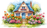 Fototapeta Natura - A cute little house in a garden full of flowers. Holiday home at grandma's.