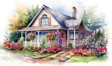 Fototapeta Natura - Watercolor architectural illustration of a classic house with a flower garden.