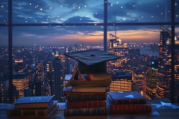 Wall Mural - Graduation cap on stacked books outdoors, overlooking a panoramic cityscape, twilight hues, photorealistic details, dynamic composition, inspiring and motivational ambiance