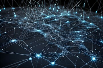 Poster - Global network connectivity depicted as a stylized data map. Technology data background