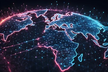 Poster - Global network connectivity depicted as a stylized data map. Technology data background