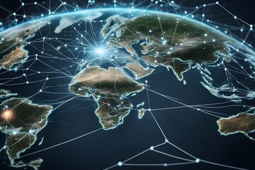 Poster - Global network connectivity depicted as a stylized data map. Technology data background