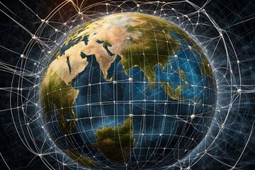 Poster - Global network connectivity depicted as a stylized data map. Technology data background