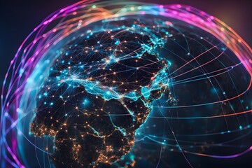 Poster - Global network connectivity depicted as a stylized data map. Technology data background