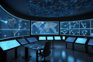 Poster - Global network connectivity depicted as a stylized data map. Technology data background