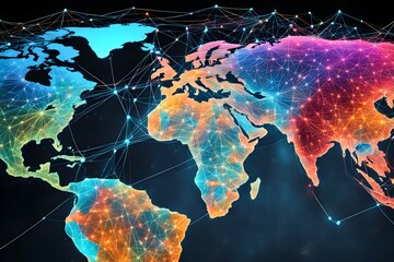 Poster - Global network connectivity depicted as a stylized data map. Technology data background