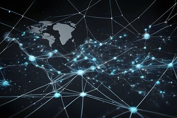 Poster - Global network connectivity depicted as a stylized data map. Technology data background