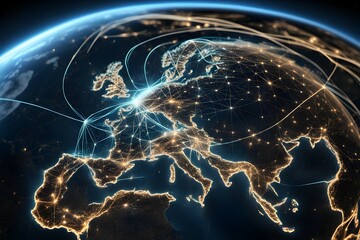 Poster - Global network connectivity depicted as a stylized data map. Technology data background