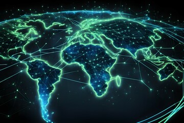 Poster - Global network connectivity depicted as a stylized data map. Technology data background