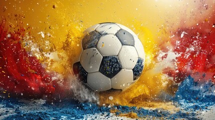 flying soccer, the background is red, yellow and blue three colors, clear picture --no man --ar 16:9