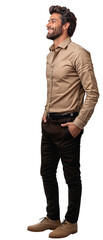 Wall Mural - Isolated standing handsome young man wearing black chino trousers and khaki shirt, png,cutout on transparent background, ready for architectural visualisation