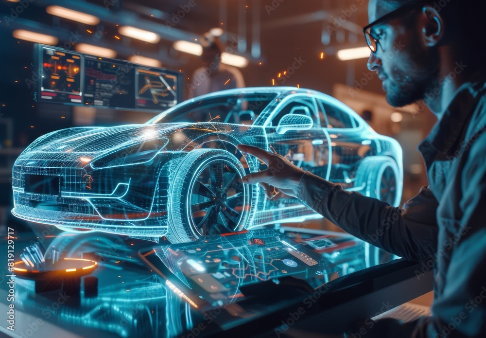 Using a holographic app on a digital tablet, car design engineers ...