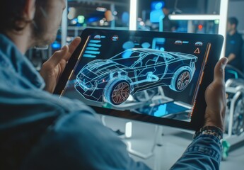 Using a holographic app on a digital tablet, car design engineers develop an innovative, high-tech, eco-friendly electric car with sustainable standards, testing it with Generative AI