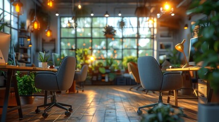 Wall Mural - Modern co-working space with ergonomic chairs, indoor plants, warm lighting, and spacious desks, fostering creativity and productivity.