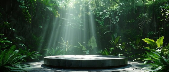 circular pedestal in a serene, tropical forest environment. The setting should be illuminated with soft, ethereal light