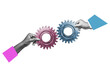 © Igor Link - Human hands joining gear wheels together as effective unity and productive teamwork concept. Business people joining gears on isolated free png background. Flat designed concept.