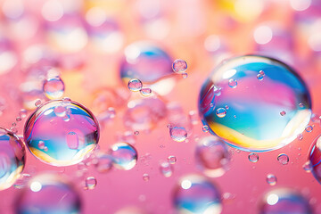 Aufkleber - Pink holographic bubbles floating on the soft colorful abstract background in beautiful vivid tones.