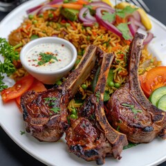 Wall Mural - Lamb chops with vegetables and biriyani rice served in a white plate