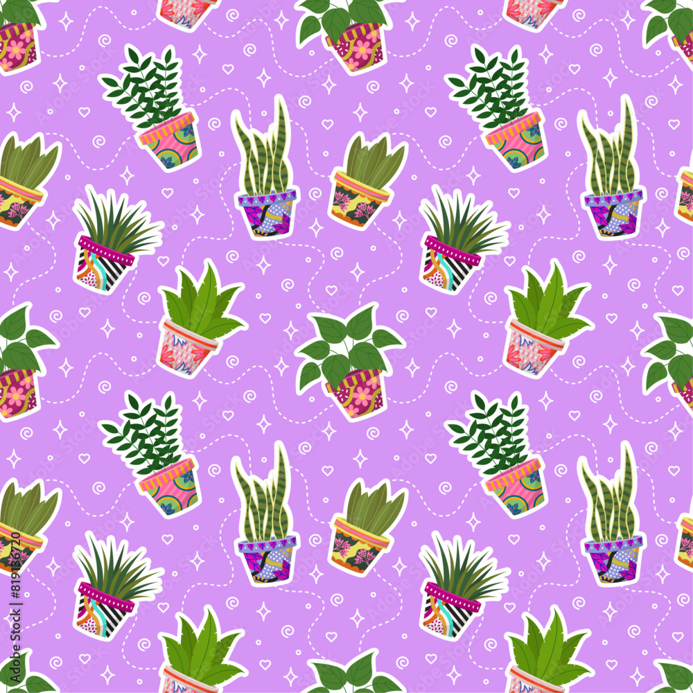 Seamless pattern with a house plants in colorful flowerpots. Vector ...