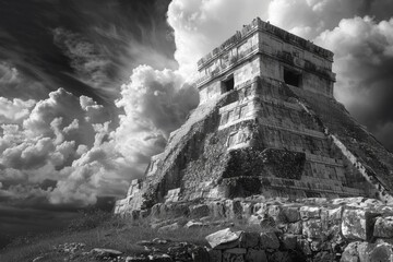 Wall Mural - Humanity Heritage Day, Aztec pyramids, Mexico Black white picture Ancient architecture, wonders of the world, national landmark, culture, architecture