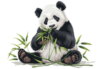 Illustration of a cute panda bear sitting and eating bamboo. Adorable wildlife art of panda enjoying its meal in nature.