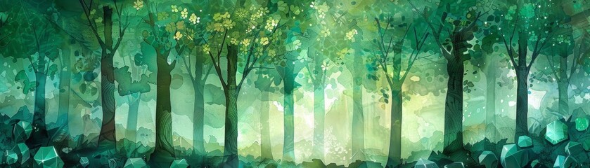 Wall Mural - A painting of a forest with trees in various shades of green