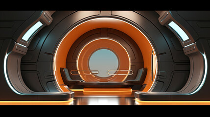 Canvas Print - Spaceship or lab interior in retro futuristic sci-fi style with round doors.