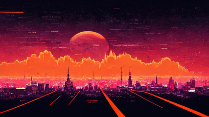 Wall Mural - City landscape artwork with orange sky on the sundown. Textured painting of a cyberpunk city.