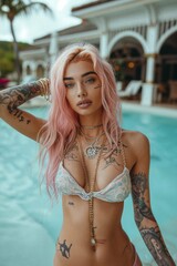 Wall Mural - Happy teenager on summer vacation in a luxury resort. Summer holidays concept.. Portrait of a beautiful teenage tattooed influencer with pink hair and piercings having fun at a luxury resort