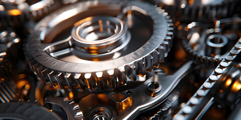 gear metal wheels part of machine production close-up movement ahead future concept silver and gold 