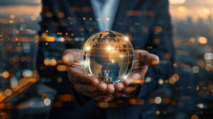 Poster - A business professional presenting an illuminated globe, symbolizing global connectivity and advanced technology with a cityscape in the background. Business Professional Holding Illuminated Global S
