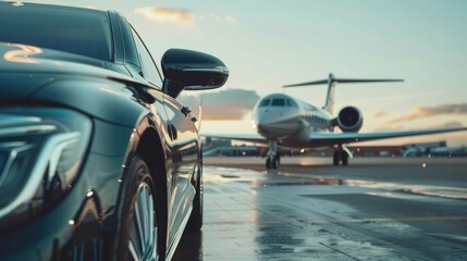 Wall Mural - Luxury car and private jet on the runway. Business class service at the airport. Business class shuttle service. Airport transfer.