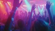 © peera - Joyful Crowd, People dancing and waving hands under colorful stage lights, Energetic Atmosphere